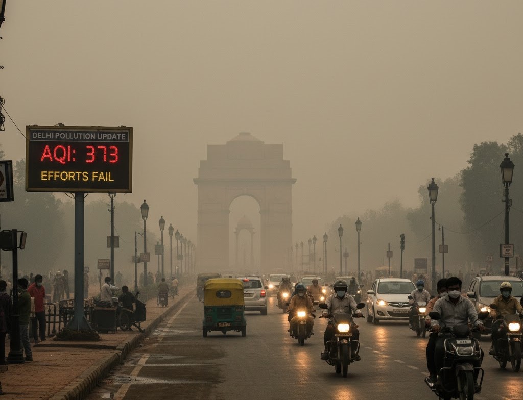 दिल्ली की हवा में फिर घुला जहर—AQI 373 के पार पहुंचा, प्रदूषण नियंत्रण के सारे प्रयास नाकाम