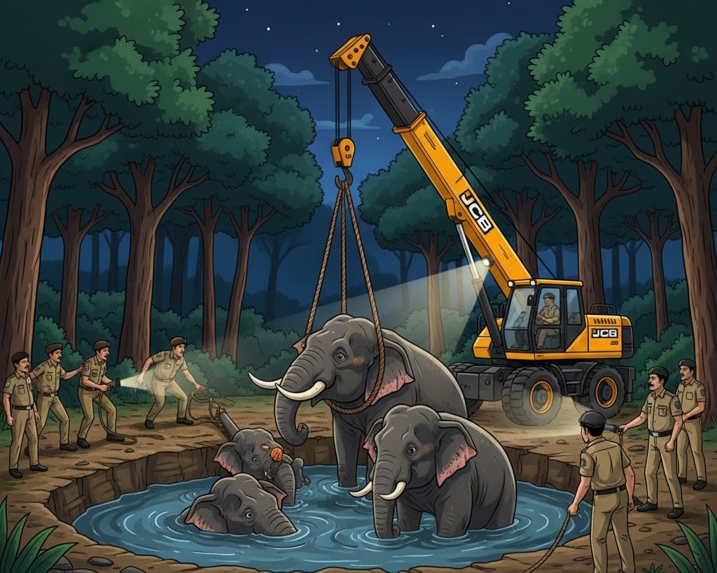 छत्तीसगढ़ में बड़ा हादसा: रात के अंधेरे में कुएं में गिरा चार हाथियों का दल, वन विभाग ने JCB की मदद से किया रेस्क्यू ऑपरेशन