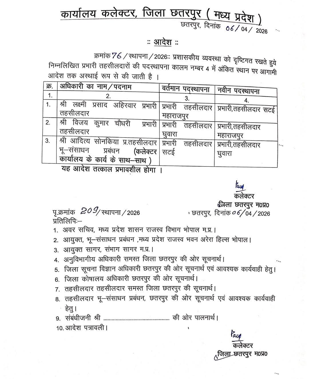 छतरपुर में प्रशासनिक फेरबदल: कलेक्टर पार्थ जायसवाल ने तहसीलदारों के तबादले किए