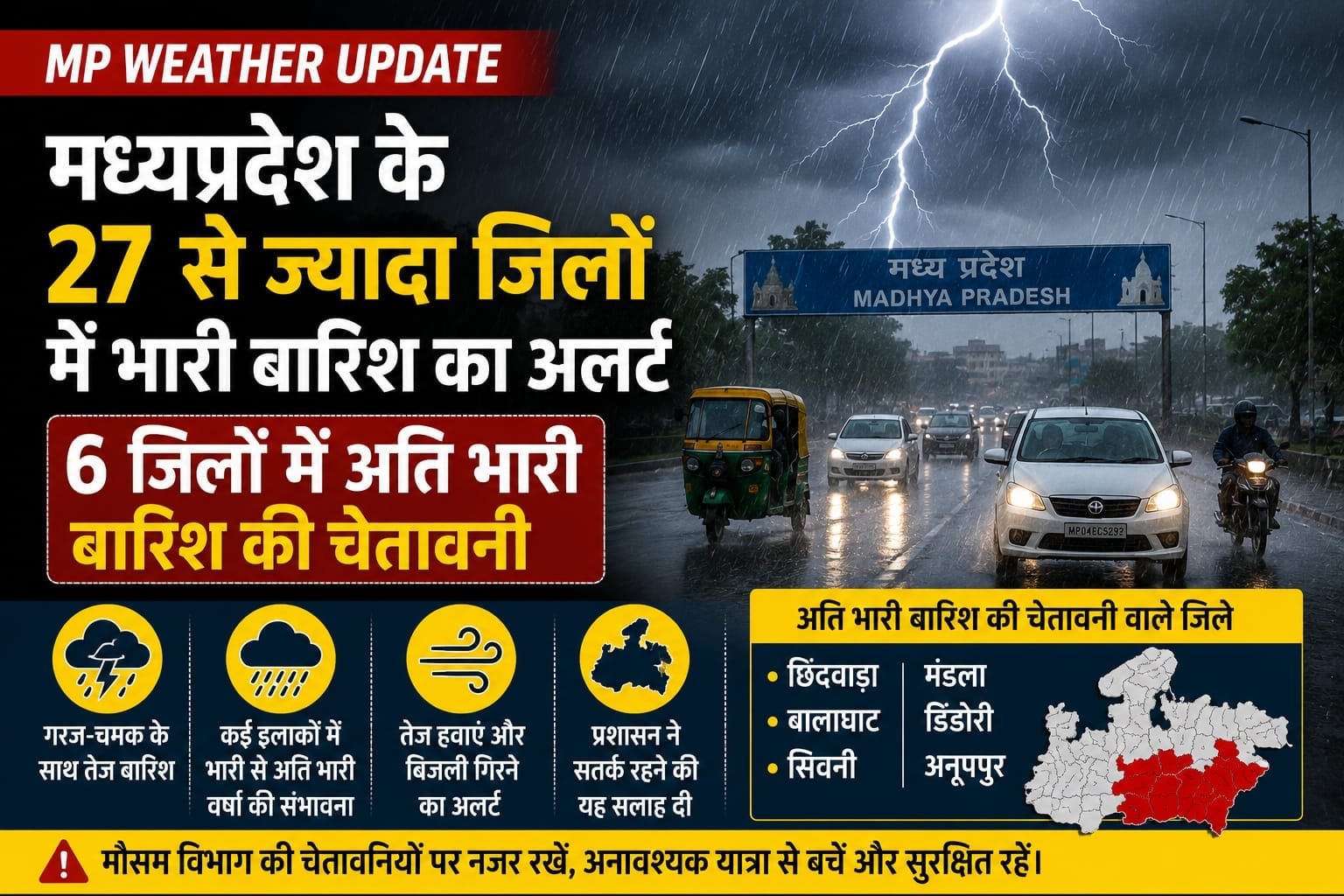 MP Weather Update: मध्य प्रदेश के 27 से अधिक जिलों में भारी बारिश का अलर्ट, 6 जिलों में अति भारी वर्षा की चेतावनी