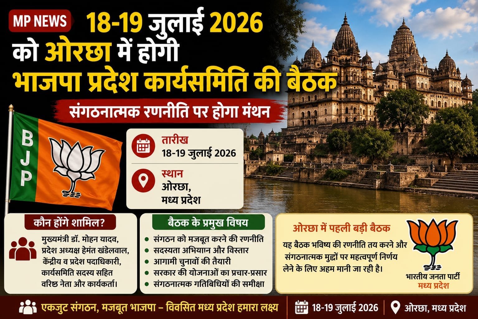 मध्य प्रदेश: 18-19 जुलाई को ओरछा में होगी भाजपा प्रदेश कार्यसमिति की बैठक, संगठन की रणनीति पर होगा मंथन