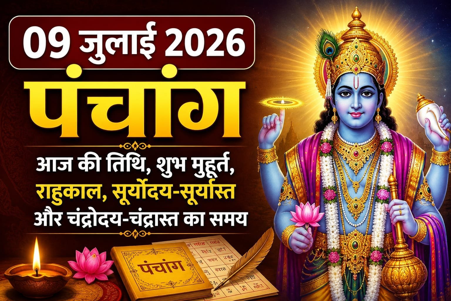 09 जुलाई 2026 पंचांग: जानें आज की तिथि, शुभ मुहूर्त, राहुकाल और सूर्योदय-सूर्यास्त