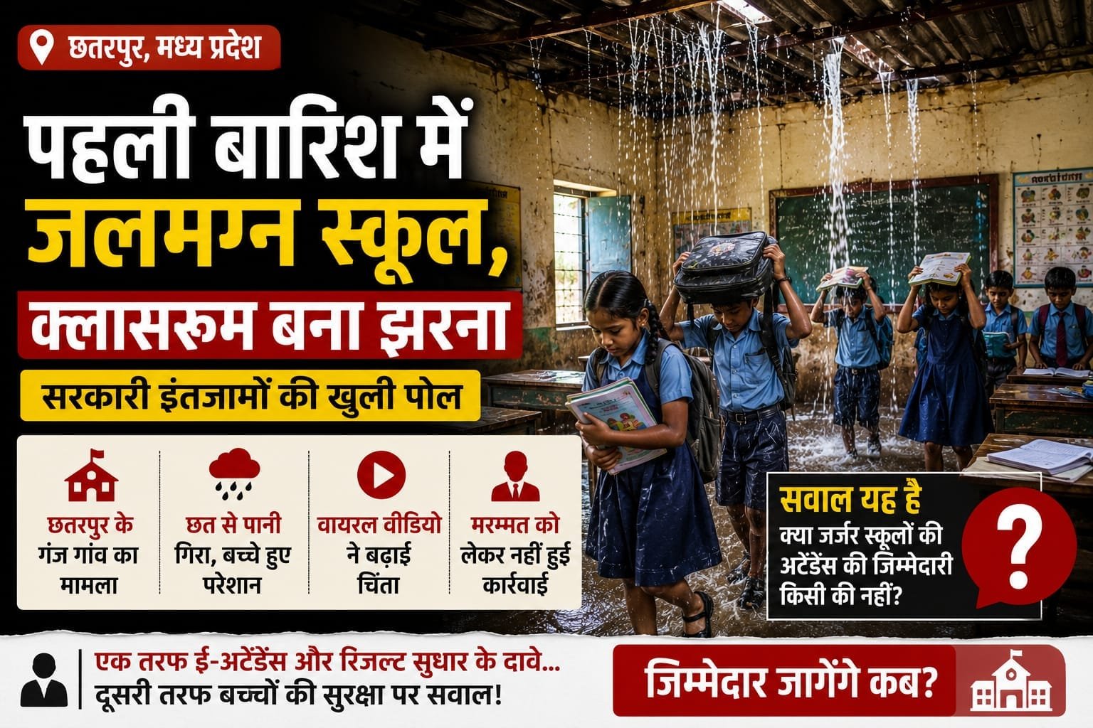 छतरपुर: पहली बारिश में टपकी स्कूल की छत, क्लासरूम बना झरना; शिक्षा व्यवस्था पर उठे सवाल