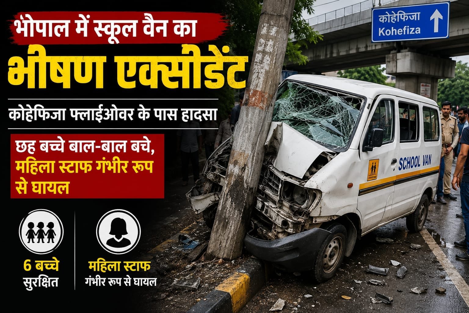 भोपाल में स्कूल वैन हादसा, बिजली के पोल से टकराई; 6 बच्चे सुरक्षित, महिला स्टाफ घायल