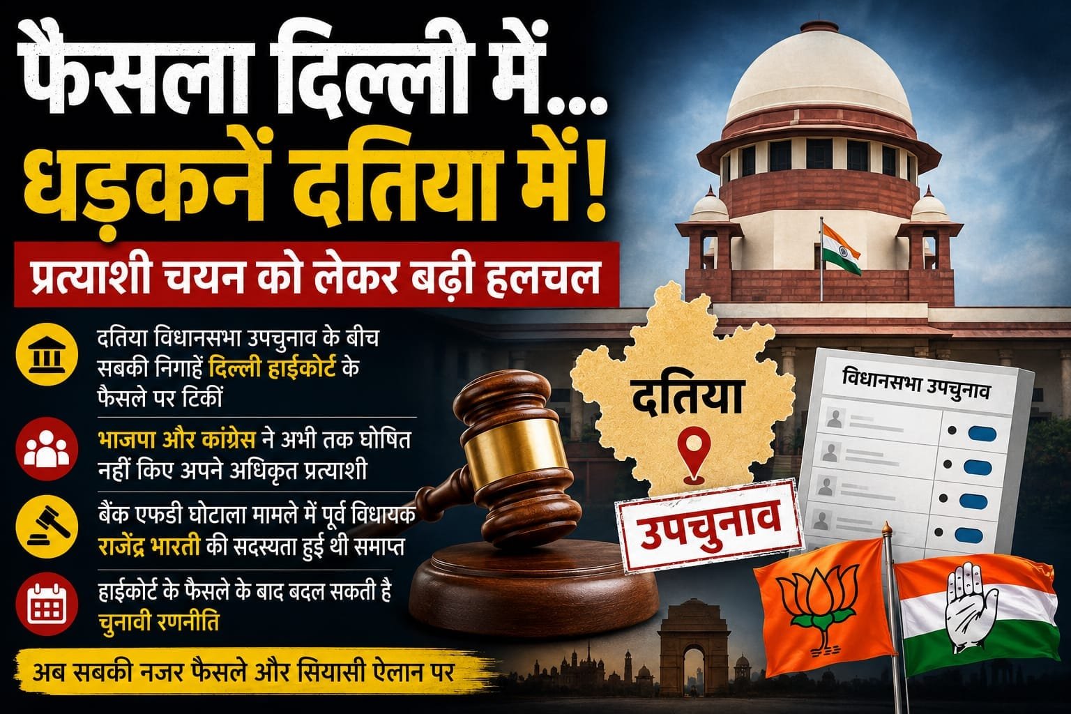 दतिया: दिल्ली हाईकोर्ट के फैसले पर टिकीं सियासी निगाहें, प्रत्याशी चयन को लेकर बढ़ी हलचल