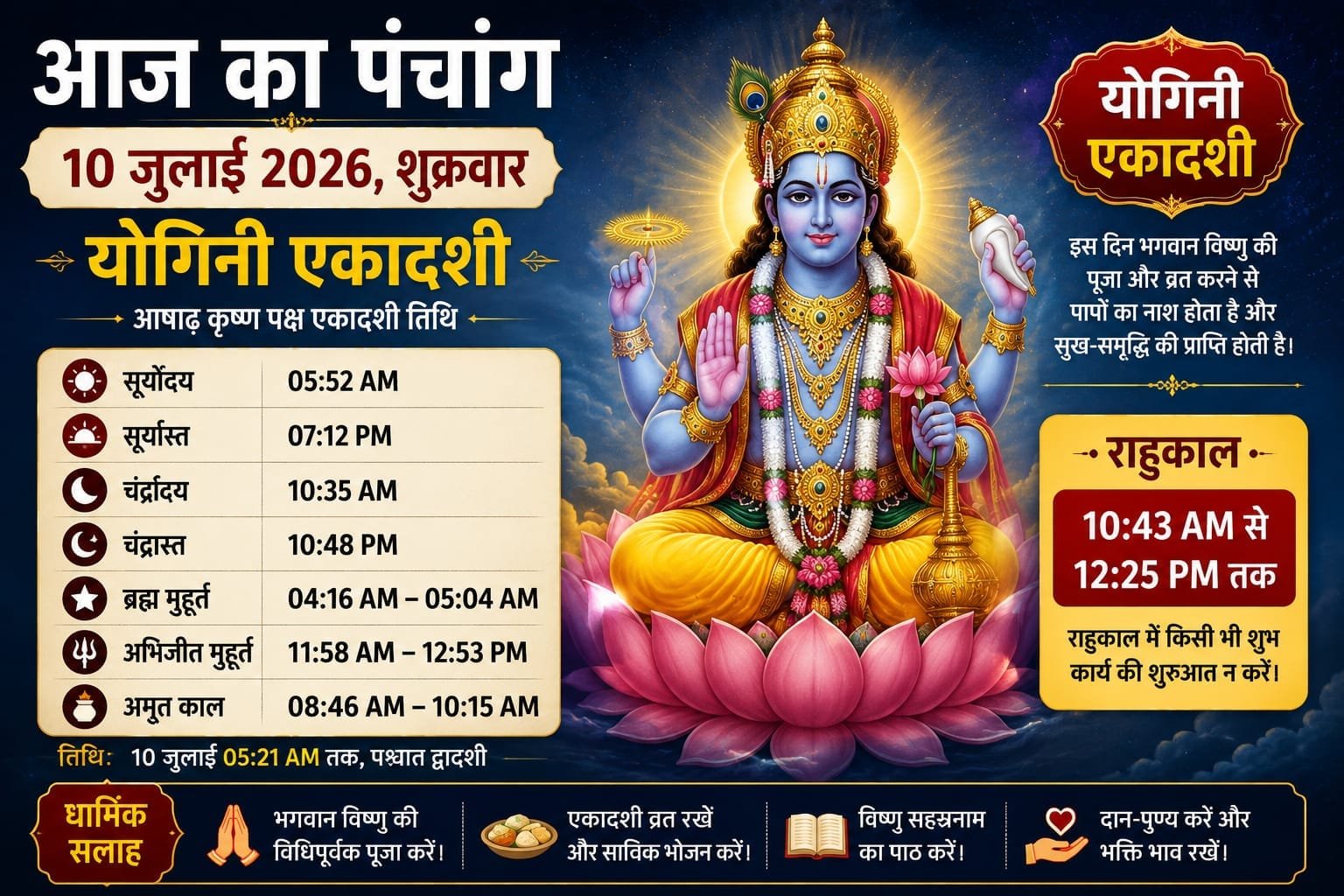 Aaj Ka Panchang 10 July 2026: आज योगिनी एकादशी, जानें शुभ मुहूर्त, राहुकाल और पूजा का सही समय