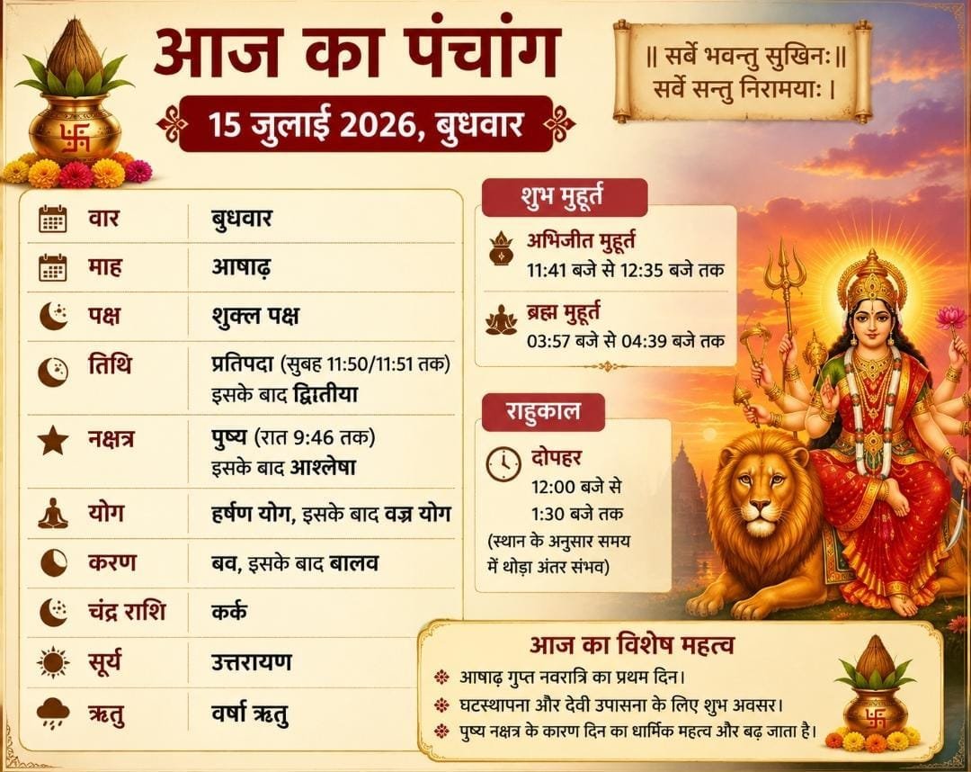 15 जुलाई 2026 का पंचांग: जानें तिथि, नक्षत्र, राहुकाल और शुभ मुहूर्त