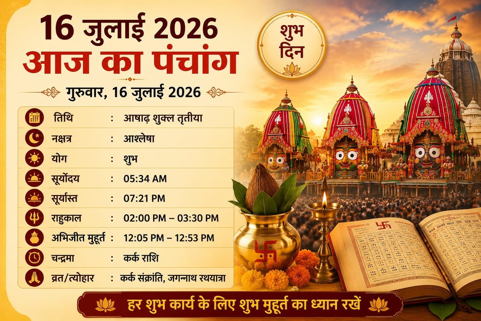 16 जुलाई 2026 का पंचांग: आज का शुभ मुहूर्त, तिथि, नक्षत्र और राहुकाल