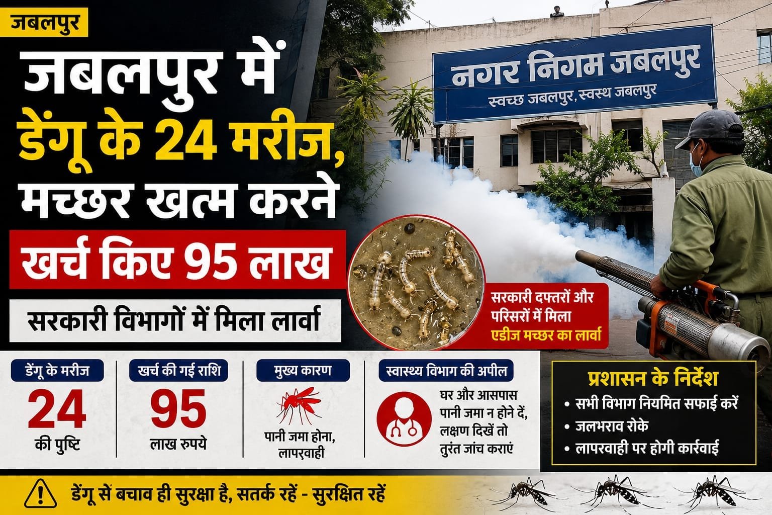 जबलपुर में डेंगू के 24 मरीज मिले, 95 लाख खर्च के बाद भी सरकारी दफ्तरों में मिला मच्छरों का लार्वा