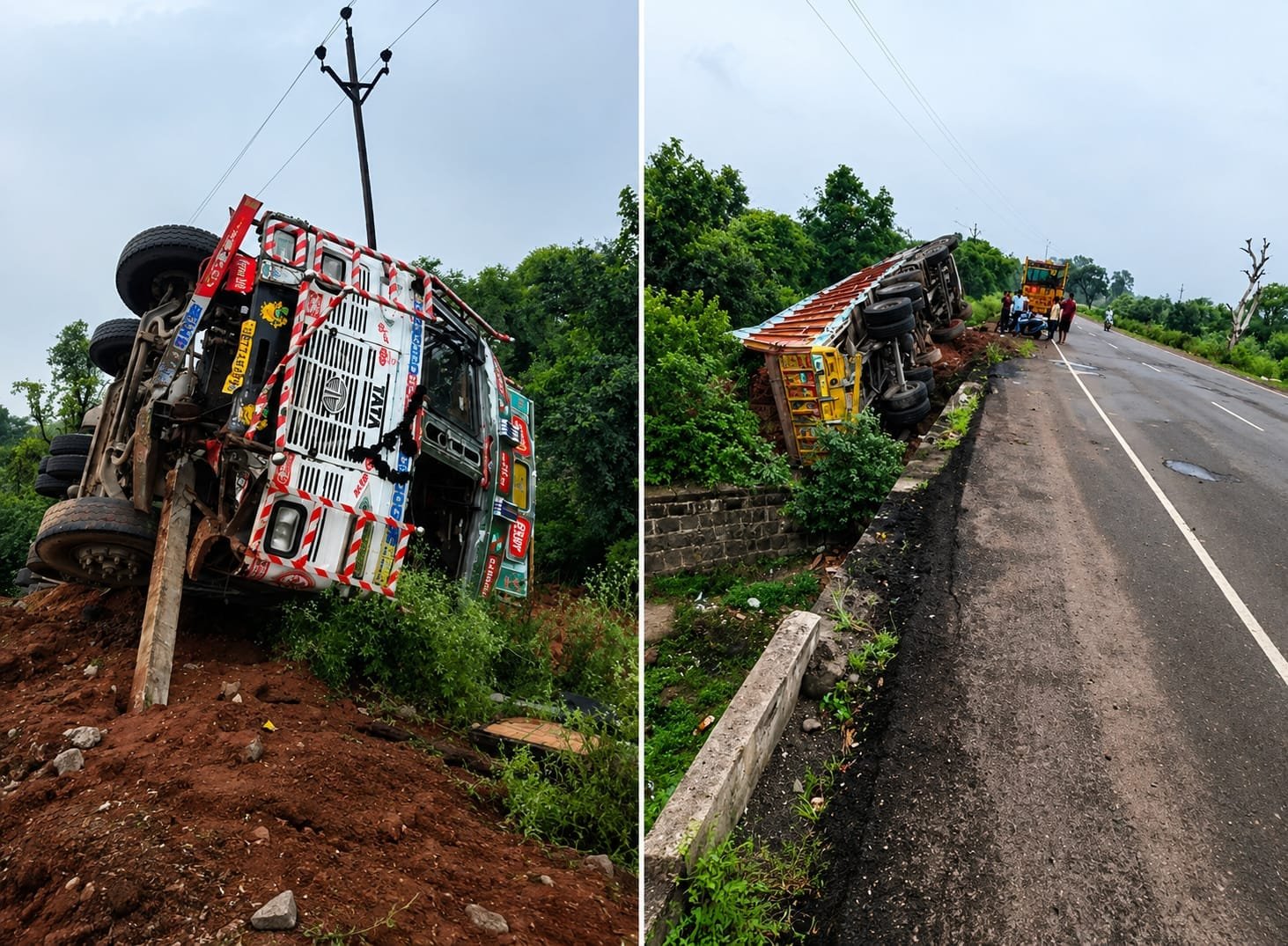 नींद बना हादसे की वजह, पुलिया से नीचे पलटा ईंटों से भरा ट्रक, चालक और क्लीनर घायल