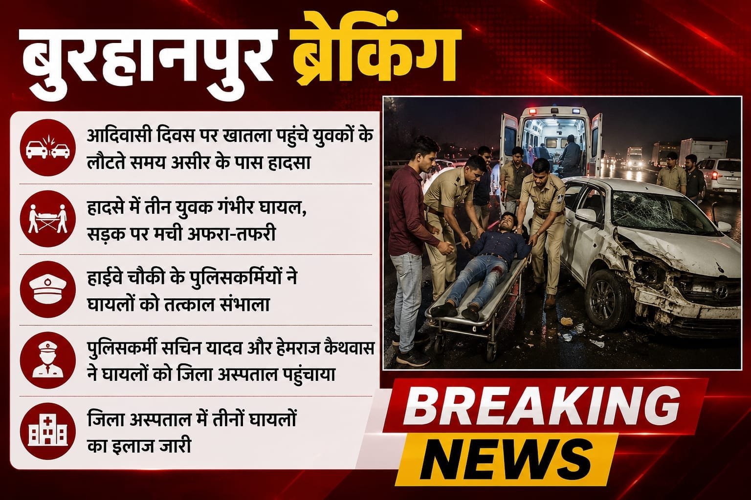 बुरहानपुर में आदिवासी दिवस से लौटते समय हादसा, तीन युवक गंभीर घायल