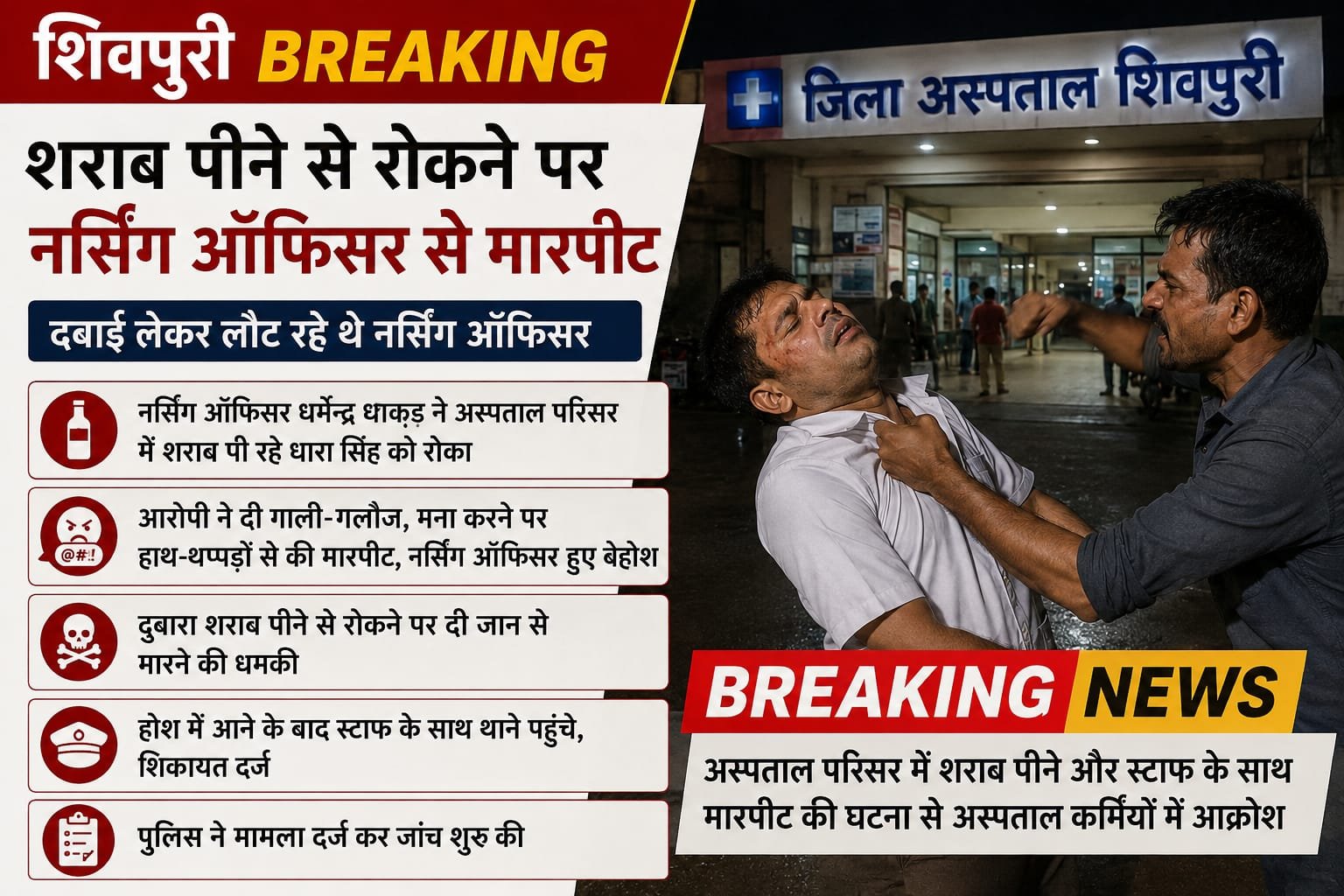 शिवपुरी जिला अस्पताल में नर्सिंग ऑफिसर से मारपीट, शराब पीने से रोकने पर विवाद