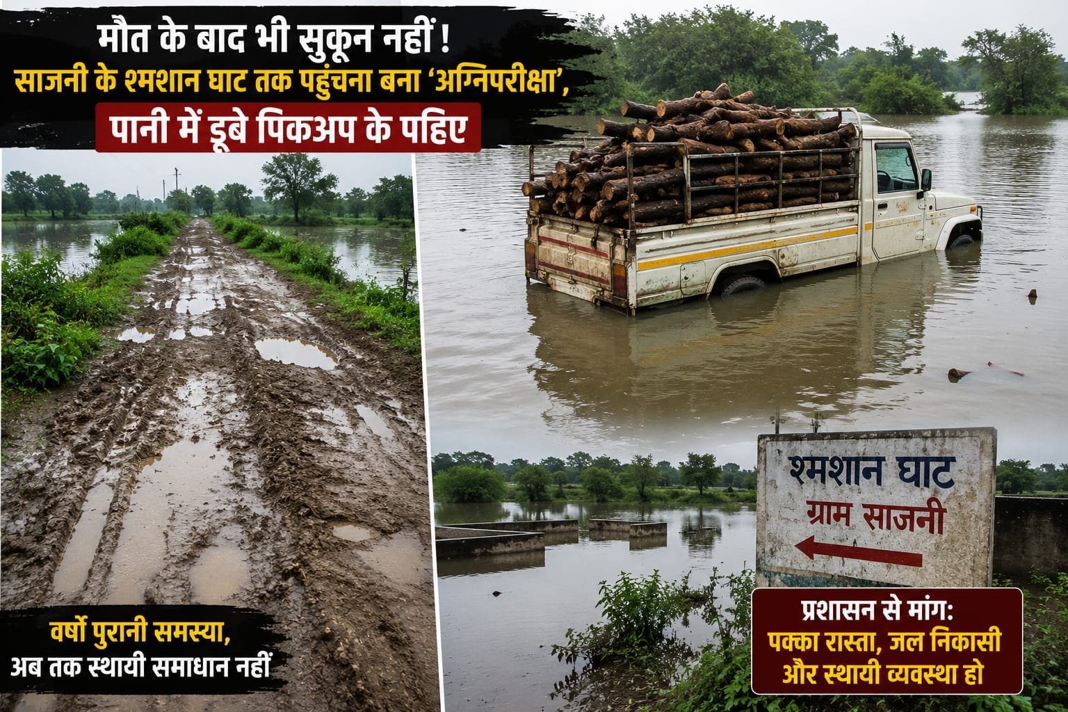 मौत के बाद भी सुकून नहीं! साजनी में श्मशान घाट तक पहुंचना बना अग्निपरीक्षा, पानी में डूबे पिकअप के पहिए