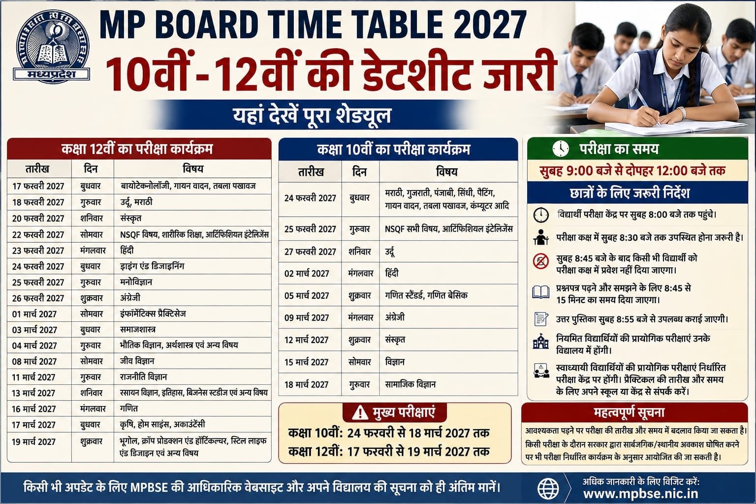 MP Board Time Table 2027: 10वीं-12वीं की डेटशीट जारी, यहां देखें पूरा शेड्यूल