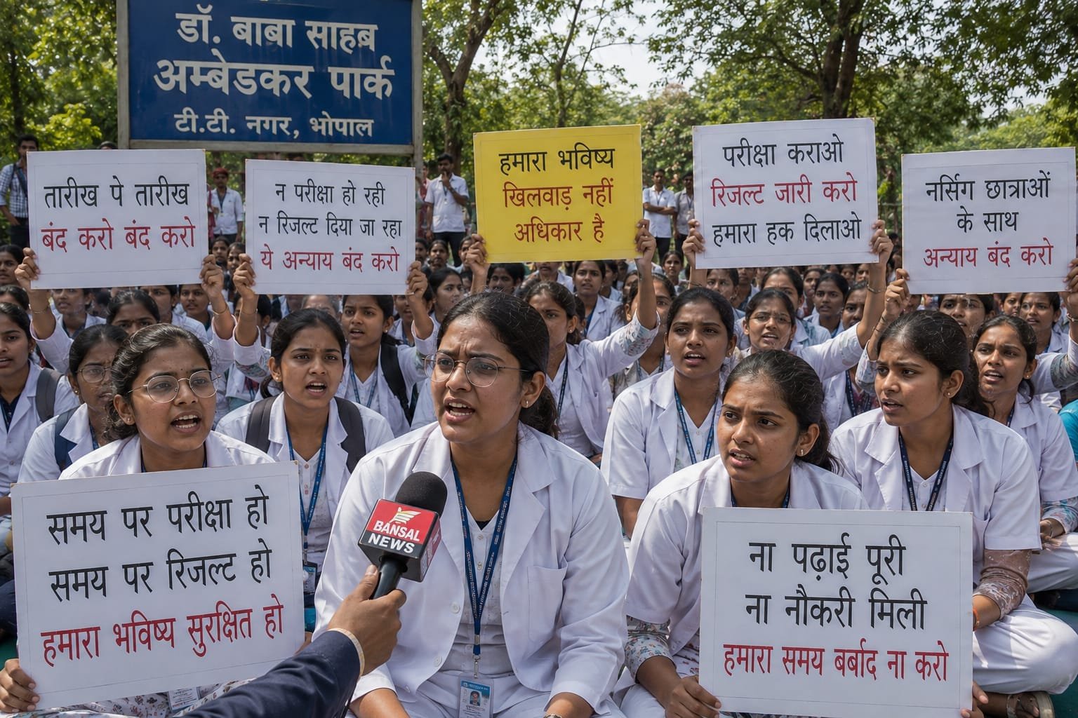भोपाल में नर्सिंग छात्राओं का प्रदर्शन, परीक्षाएं और रिजल्ट जल्द जारी करने की मांग