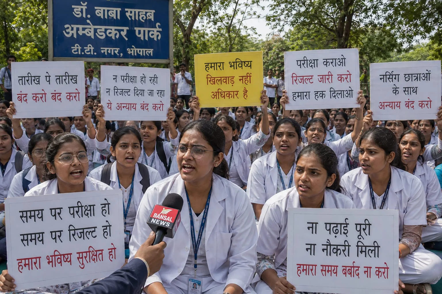 भोपाल में नर्सिंग छात्राओं का प्रदर्शन, परीक्षाएं और रिजल्ट जल्द जारी करने की मांग