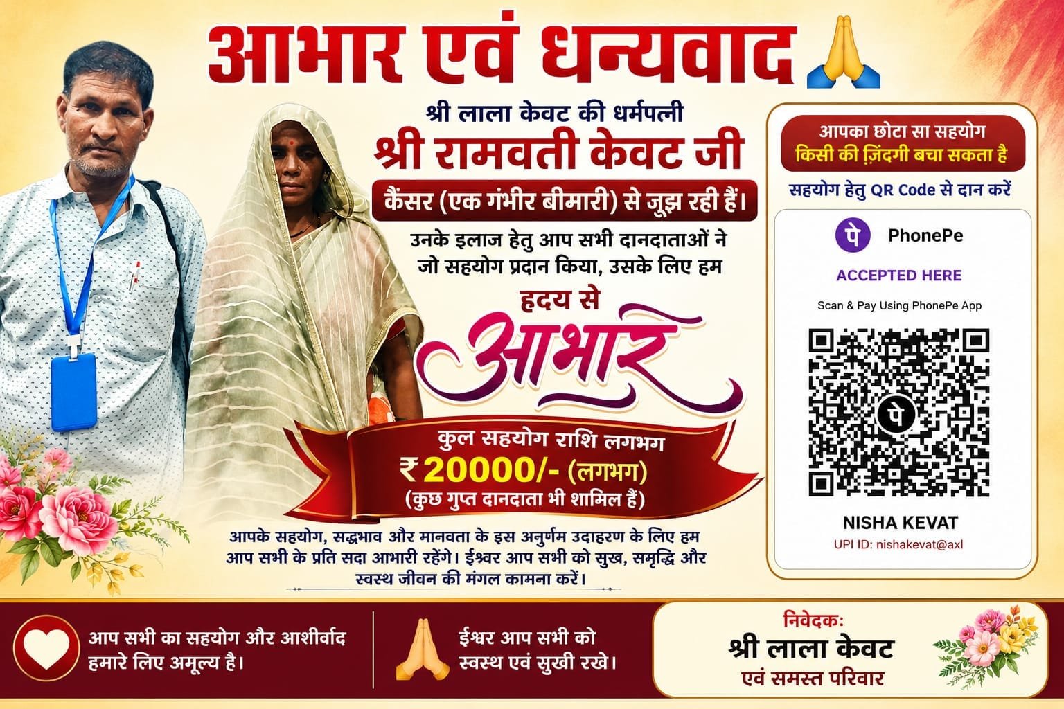 कैंसर पीड़ित रामवती के इलाज के लिए दिनारा में जुटे मदद के हाथ, 20 हजार की सहायता