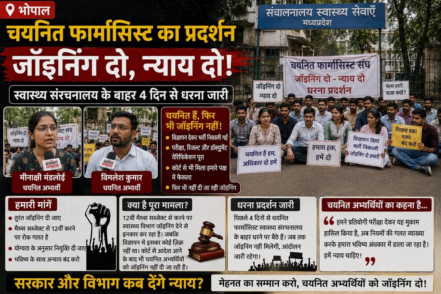 भोपाल में चयनित फार्मासिस्टों का प्रदर्शन, ज्वाइनिंग की मांग पर 4 दिन से धरना