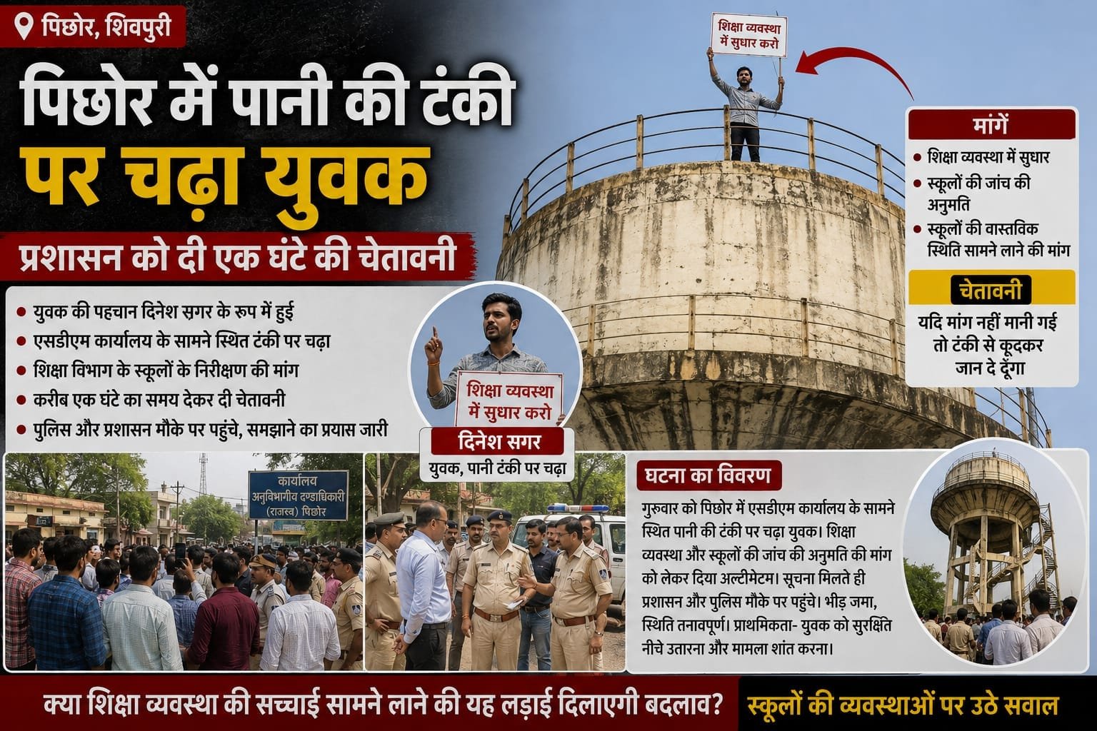 पिछोर में पानी की टंकी पर चढ़ा युवक, प्रशासन को दी एक घंटे की चेतावनी