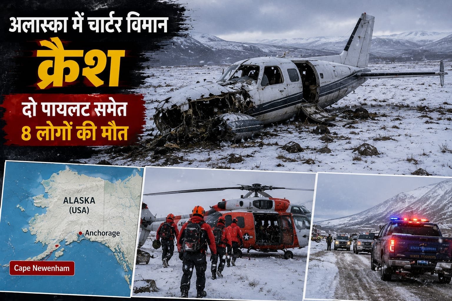 अलास्का में चार्टर विमान क्रैश, दो पायलट समेत 8 लोगों की मौत