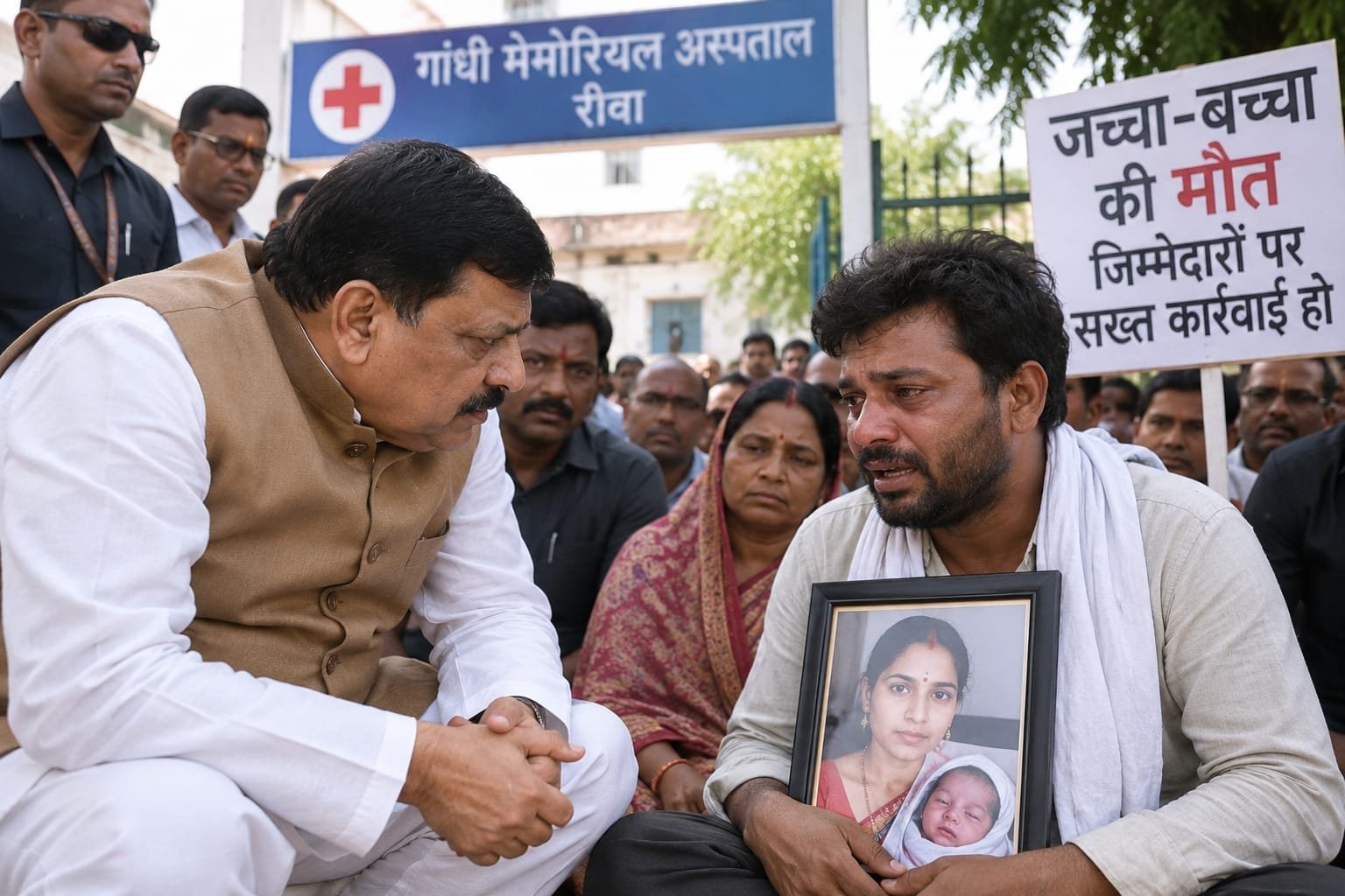 रीवा में जच्चा-बच्चा की मौत पर तीसरे दिन भी धरना, डिप्टी सीएम पहुंचे; पीड़ित परिवार ने की FIR की मांग