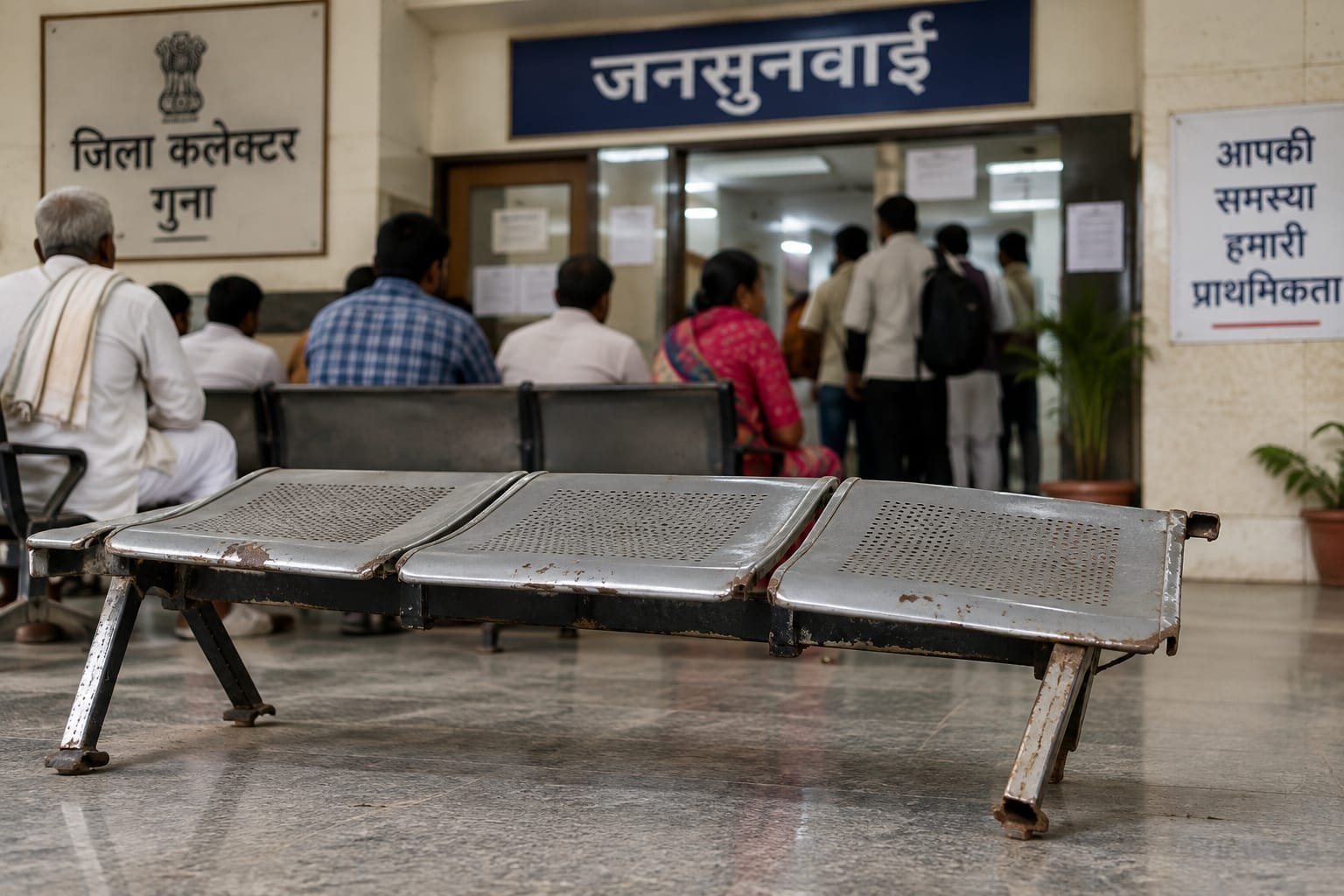 गुना कलेक्ट्रेट की जनसुनवाई व्यवस्था पर सवाल, टूटी बेंच पर बैठकर फरियादियों को करना पड़ रहा इंतजार