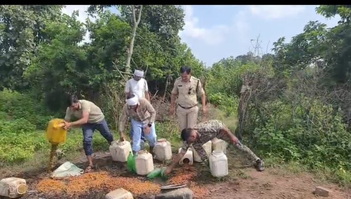 बल्देवगढ़ पुलिस की कार्रवाई, गुखरई हार में अवैध महुआ शराब का लहन नष्ट