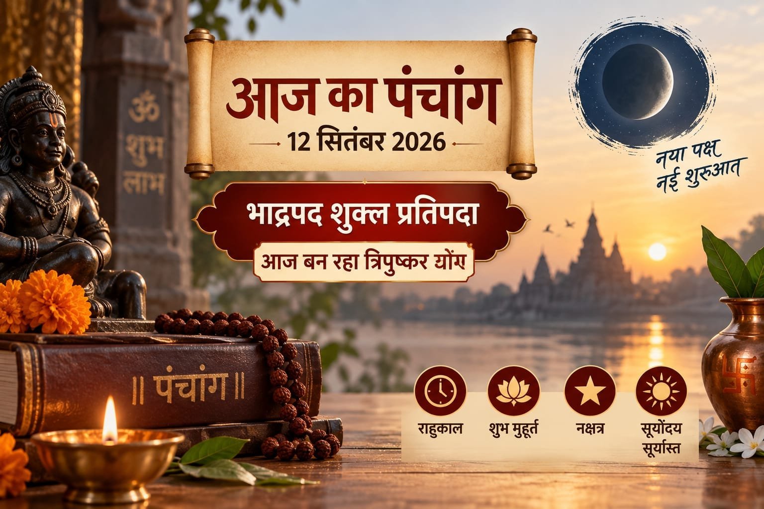 आज का पंचांग 12 सितंबर 2026: भाद्रपद शुक्ल प्रतिपदा आज, बन रहा त्रिपुष्कर योग; जानें राहुकाल और शुभ मुहूर्त