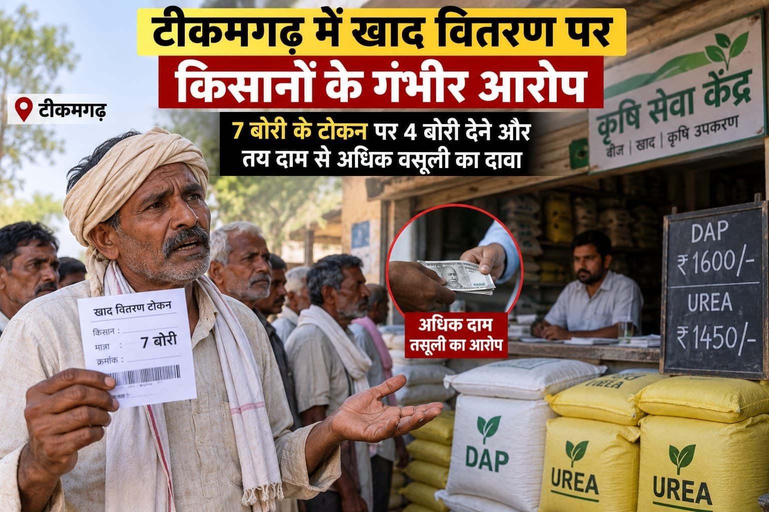 टीकमगढ़ में खाद वितरण पर किसानों के गंभीर आरोप, 7 बोरी के टोकन पर 4 बोरी देने और तय दाम से अधिक वसूली का दावा