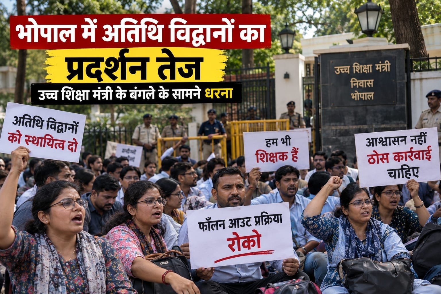भोपाल में अतिथि विद्वानों का प्रदर्शन तेज, उच्च शिक्षा मंत्री के बंगले के सामने धरना; फॉलन आउट प्रक्रिया रोकने की मांग
