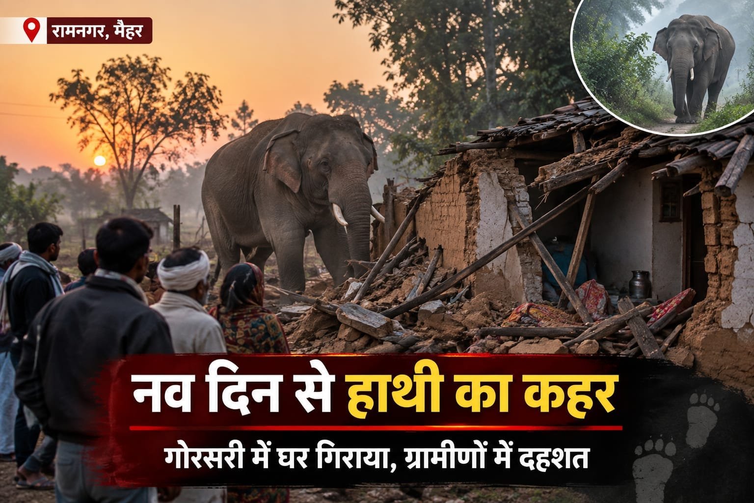 नौ दिन से जंगली हाथी का कहर, गोरसरी में घर गिराने से ग्रामीणों में दहशत