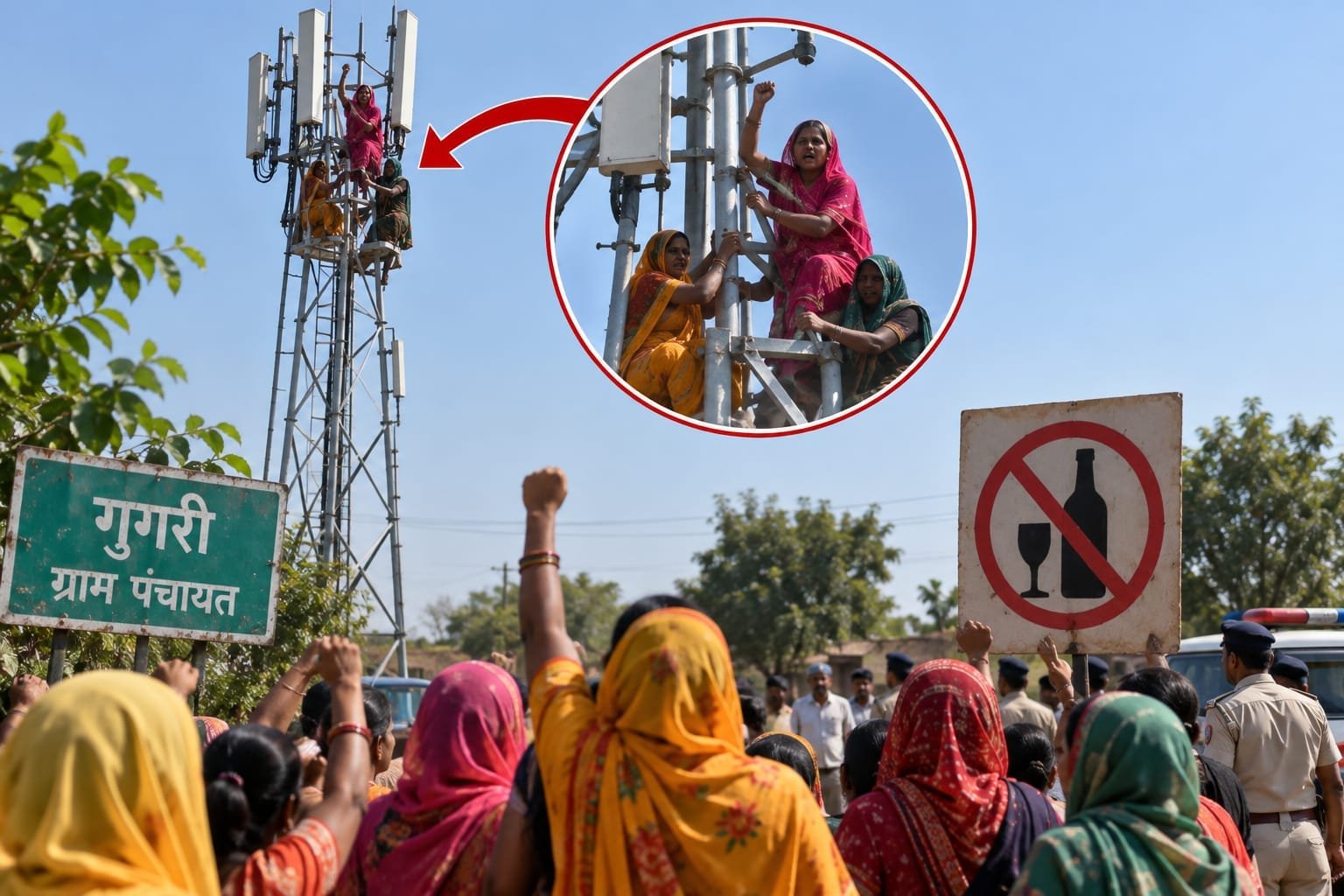 गुगरी गांव में अवैध शराब के खिलाफ महिलाओं का हंगामा, मोबाइल टावर पर चढ़ीं महिलाएं