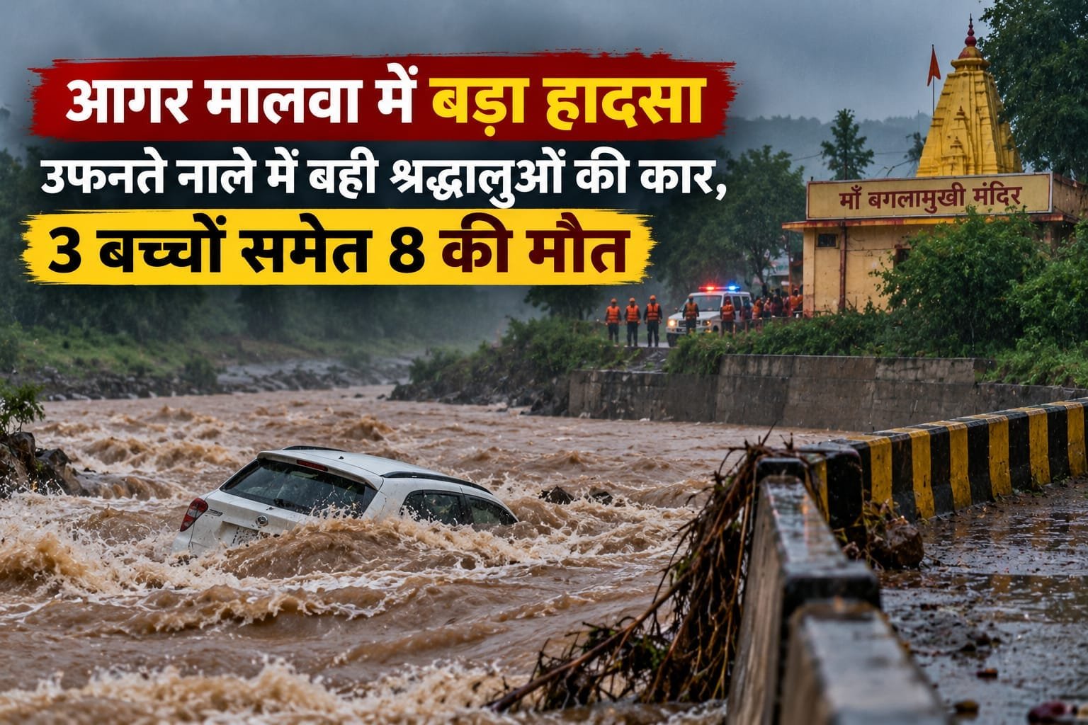आगर मालवा में बड़ा हादसा: उफनते नाले में बही श्रद्धालुओं की कार, 3 बच्चों समेत 8 की मौत