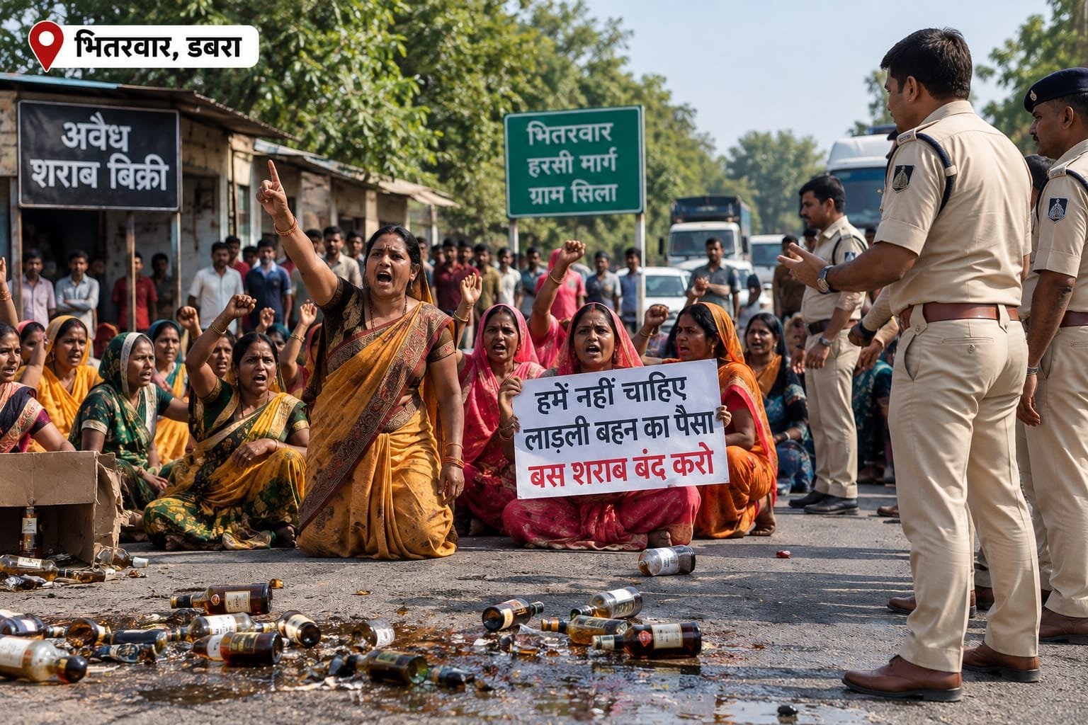 भितरवार में अवैध शराब के खिलाफ महिलाओं का प्रदर्शन, सड़क पर बोतलें फेंककर लगाया जाम