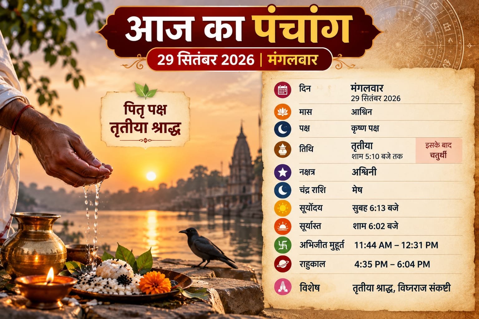 आज का पंचांग 29 सितंबर 2026: तृतीया श्राद्ध, जानें शुभ मुहूर्त, राहुकाल और नक्षत्र