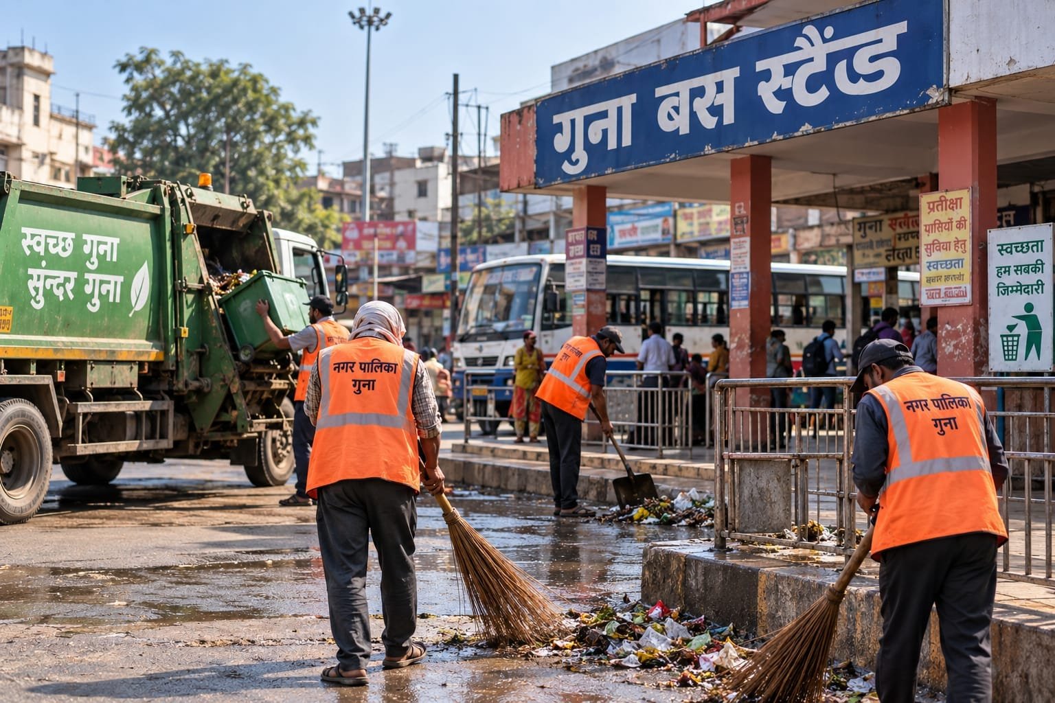 गुना बस स्टैंड पर नगर पालिका का विशेष सफाई अभियान, 45 सफाईकर्मी मैदान में; अध्यक्ष बोले- ‘हम सुधरेंगे तो शहर सुधरेगा’