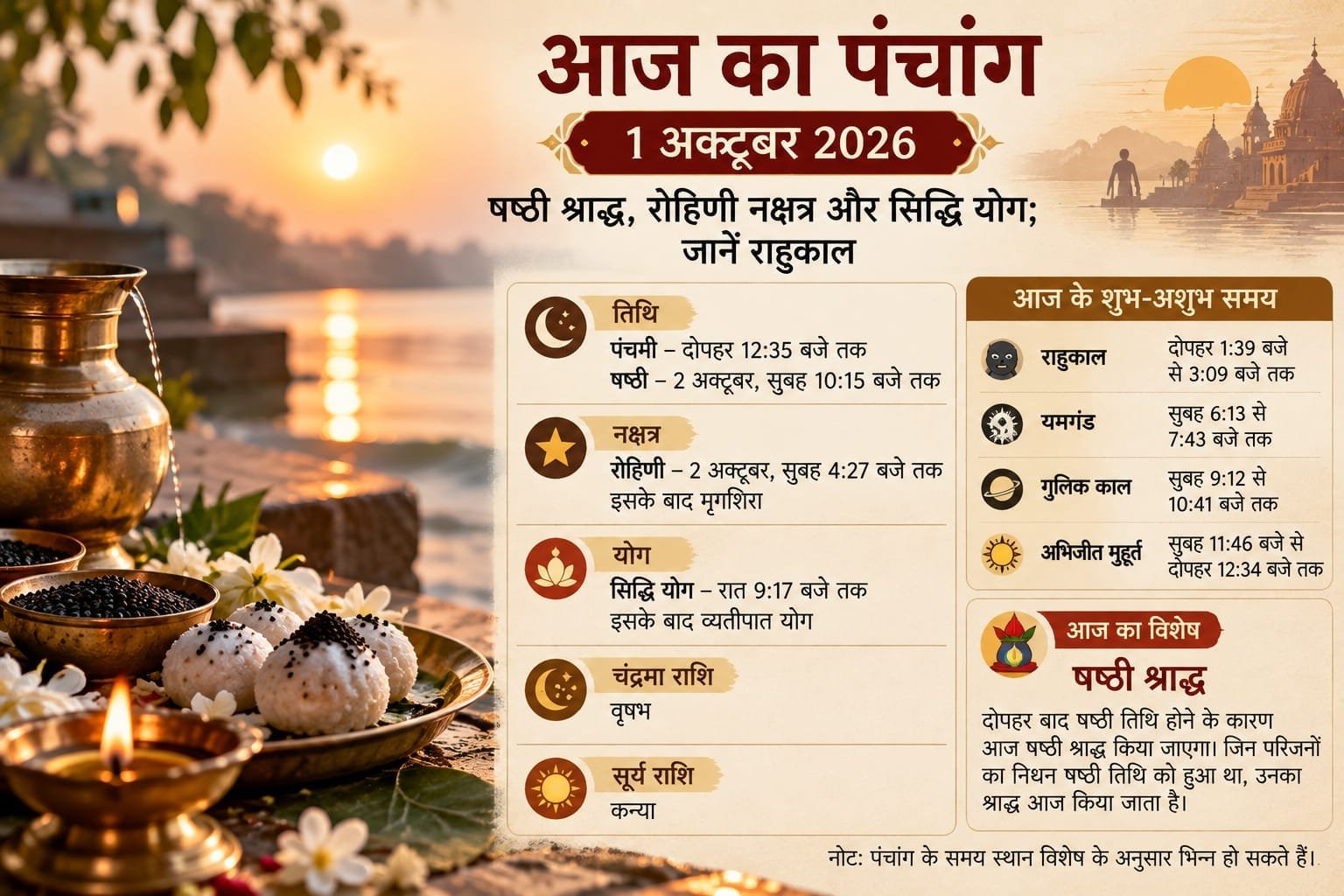 आज का पंचांग 1 अक्टूबर: षष्ठी श्राद्ध, रोहिणी नक्षत्र और सिद्धि योग; जानें राहुकाल