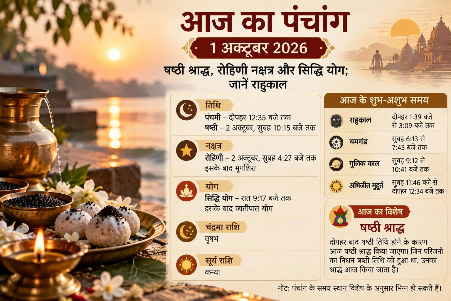 आज का पंचांग 1 अक्टूबर: षष्ठी श्राद्ध, रोहिणी नक्षत्र और सिद्धि योग; जानें राहुकाल