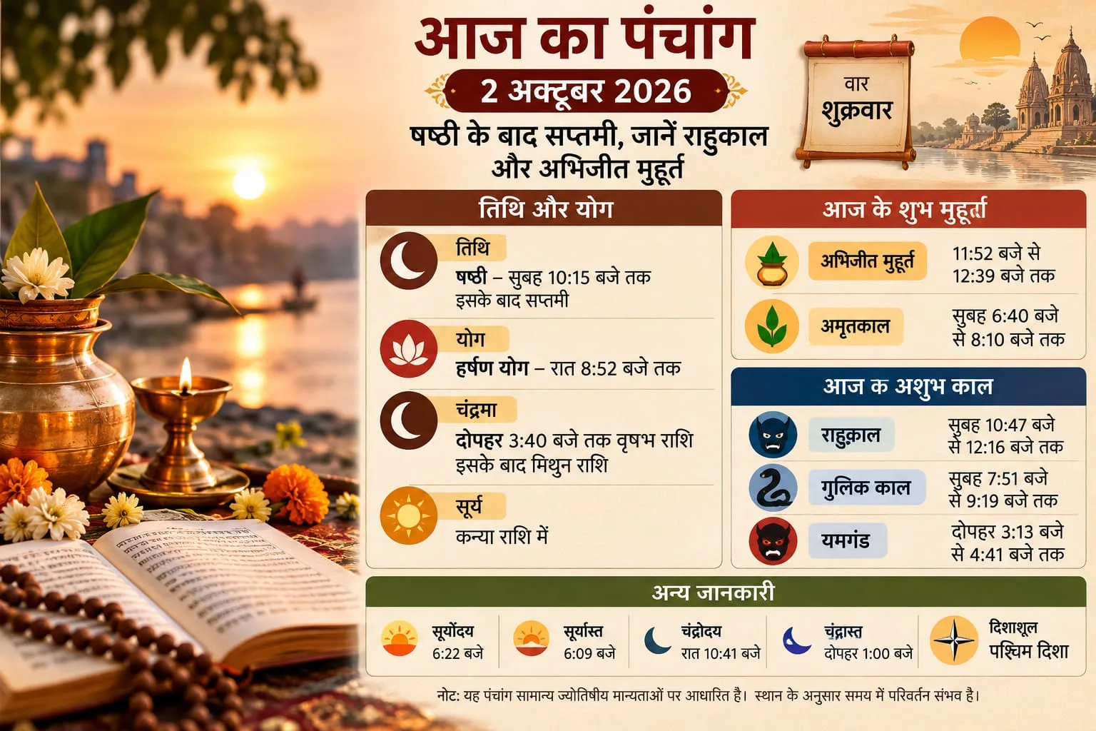 आज का पंचांग 2 अक्टूबर 2026: षष्ठी के बाद सप्तमी, जानें राहुकाल और अभिजीत मुहूर्त