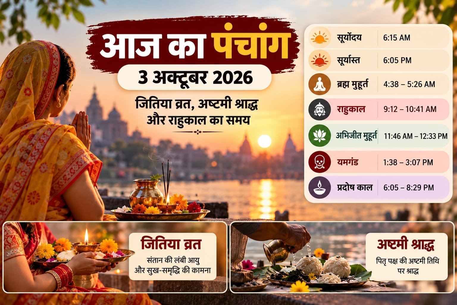 आज का पंचांग 3 अक्टूबर 2026: जितिया व्रत, अष्टमी श्राद्ध और राहुकाल का समय