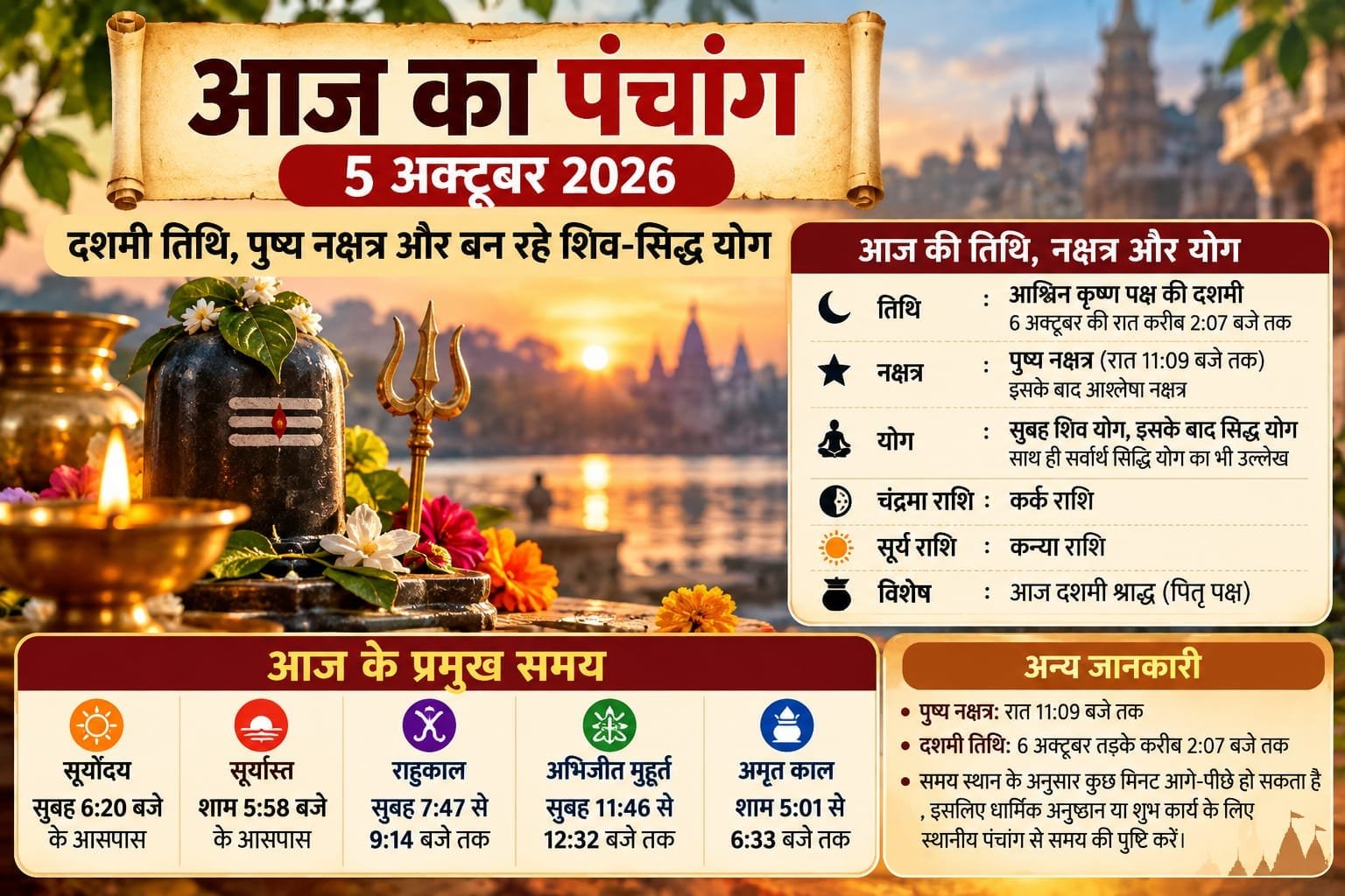 आज का पंचांग 5 अक्टूबर 2026: दशमी तिथि, पुष्य नक्षत्र और बन रहे शिव-सिद्ध योग