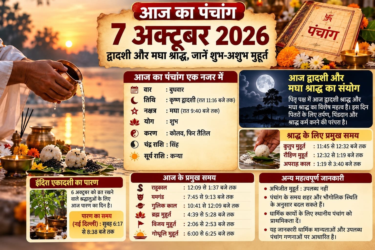 आज का पंचांग 7 अक्टूबर 2026: द्वादशी और मघा श्राद्ध, जानें शुभ-अशुभ मुहूर्त