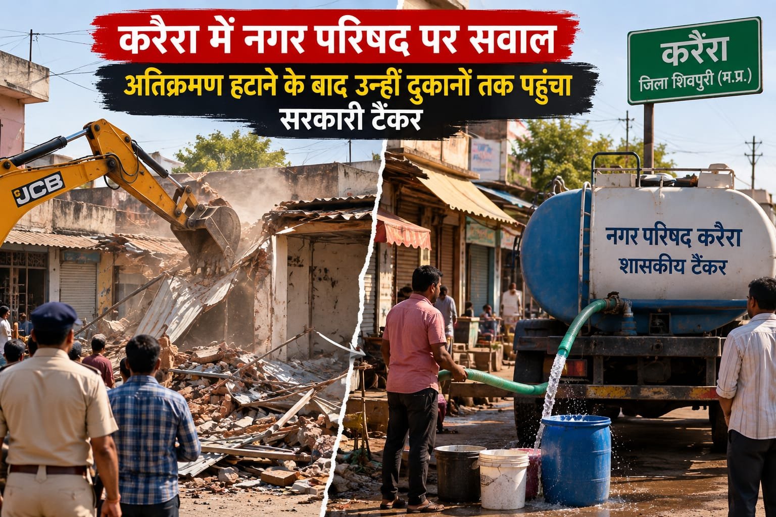 करैरा में नगर परिषद पर सवाल: अतिक्रमण हटाने के बाद उन्हीं दुकानों तक पहुंचा सरकारी टैंकर