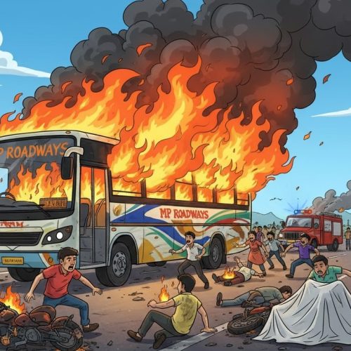 मध्यप्रदेश में बड़ा बस हादसा, 40 यात्री बाल-बाल बचे; बाइक सवार दो लोगों की दर्दनाक मौत – चलती बस से कूदकर बचाई जान